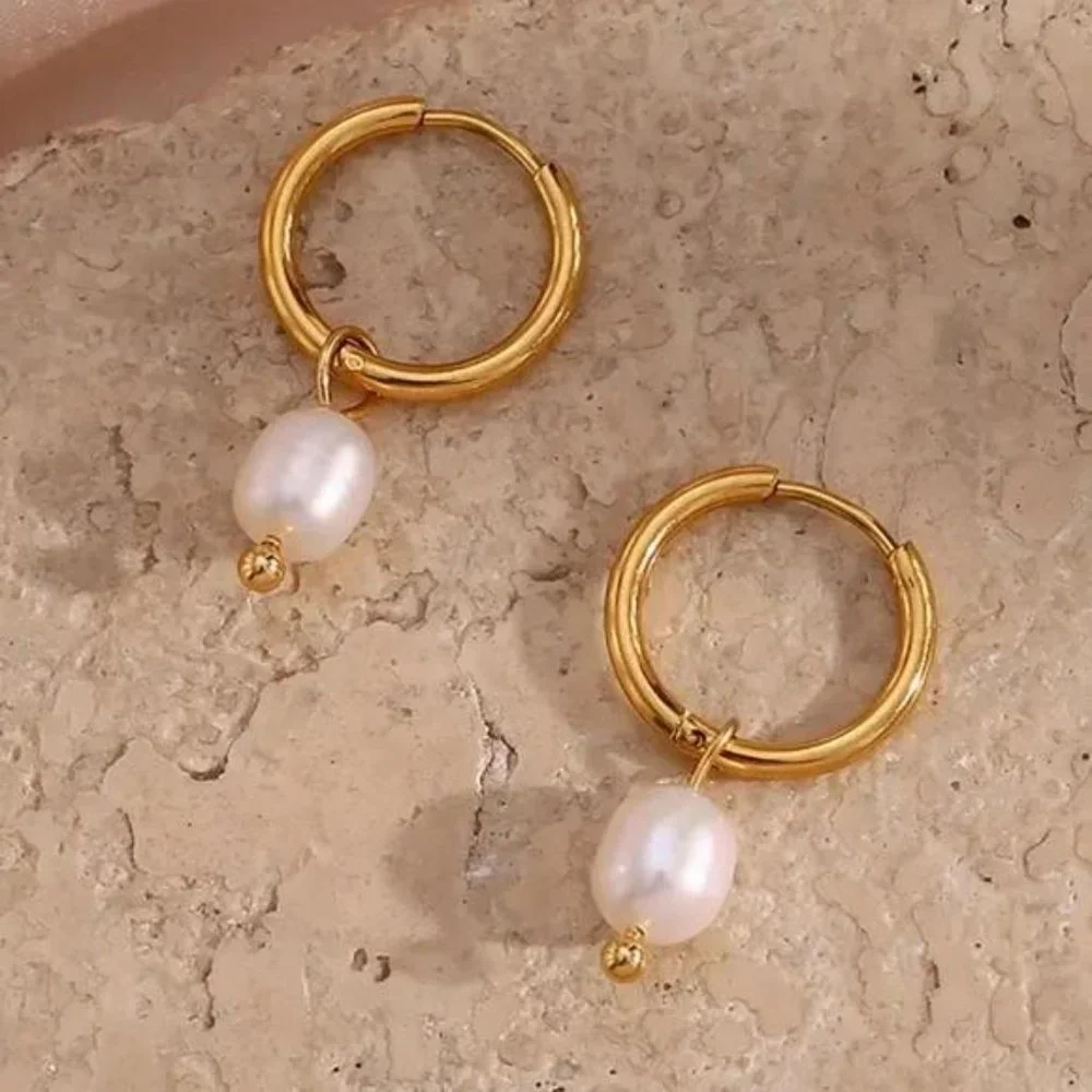 New 18K Gold Fresh Water Pearl Hoop Earrings, NICE EARRINGS, CUTE EARRINGS - Picture 4 of 7